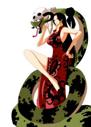 Rule 34 | 1girl, absurdres, black hair, boa hancock, breasts, china dress, chinese clothes, dress, earrings, female focus, highres, horns, jewelry, jolly roger, long hair, marineford, one piece, pirate, quipado, salome (one piece), side slit, simple background, skull, snake, solo, standing, white background