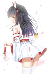 Rule 34 | :o, absurdres, animal ears, arm ribbon, ass, azur lane, bag, bare back, bare shoulders, black hair, blush, breasts, cat ears, cherry blossoms, commentary request, cowboy shot, cup, denfunsan, detached sleeves, dress, drink, drinking straw, furisode, hair ornament, hair ribbon, handbag, head tilt, highres, japanese clothes, kimono, leaf, leaf background, long hair, looking at viewer, miko, obi, red ribbon, red sash, ribbon, sash, satchel, short dress, short kimono, simple background, sleeveless, sleeveless dress, small breasts, solo, tagme, thighhighs, thighs, white background, white bag, white dress, white thighhighs, wide sleeves, yellow eyes, yuugure (azur lane), yuugure (evening flower) (azur lane)
