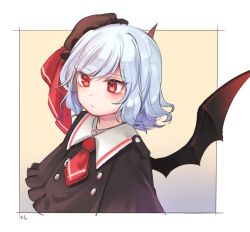 Rule 34 | 1girl, alternate costume, bat wings, blue hair, blush, closed mouth, hat, hat ribbon, highres, looking away, mob cap, necktie, red eyes, red necktie, red ribbon, remilia scarlet, ribbon, short hair, solo, tis (shan0x0shan), touhou, upper body, wings