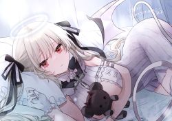 Rule 34 | 1girl, black bow, bow, breasts, closed mouth, commission, dress, frilled gloves, frilled pillow, frills, gloves, grey hair, hair bow, halo, hand up, large breasts, long hair, looking at viewer, lying, hugging object, on side, original, pillow, pink wings, red eyes, saiko (saisaka), skeb commission, sleeveless, sleeveless dress, solo, stuffed animal, stuffed toy, tail, teddy bear, translation request, twintails, very long hair, white dress, white gloves, wings