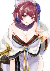 Rule 34 | 1girl, absurdres, bare shoulders, bow, breasts, cleavage, detached collar, flower, fur-trimmed kimono, fur trim, grin, hair bow, hair flower, hair ornament, heterochromia, high ponytail, highres, hololive, houshou marine, houshou marine (new year), japanese clothes, kimono, large breasts, long hair, looking at viewer, official alternate costume, official alternate hairstyle, pelvic curtain, red eyes, red hair, side slit, simple background, smile, solo, tassel, ululumuu, virtual youtuber, white background, white kimono, yellow eyes