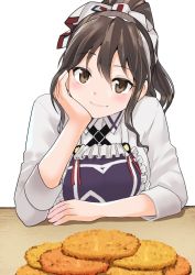 Rule 34 | 10s, 1girl, alternate costume, alternate hairstyle, apron, ashigara (kancolle), brown eyes, brown hair, head rest, commentary request, fang, fang out, food, kantai collection, light smile, looking at viewer, masukuza j, ponytail, solo, white background
