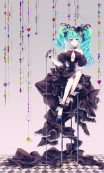 Rule 34 | 1girl, alternate costume, aqua eyes, aqua hair, breasts, center opening, checkered floor, choker, cleavage, dress, floor, flower, hair flower, hair ornament, hairclip, hatsune miku, highres, large breasts, long hair, microphone, microphone stand, sitting, solo, soso, stool, twintails, vocaloid