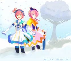 Rule 34 | 2girls, alfa system, bad id, bad pixiv id, black neckwear, blue sailor collar, copyright name, dress, green eyes, kanonno earhart, m (pixiv9151), multiple girls, pasca kanonno, pink hair, sailor collar, sword, tales of (series), tales of the world radiant mythology, tales of the world radiant mythology 2, thighhighs, time paradox, weapon
