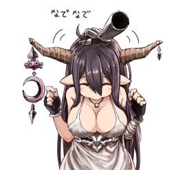 Rule 34 | 10s, 1girl, ahoge, bandages, black gloves, black hair, breasts, cleavage, clenched hands, closed eyes, danua, draph, dress, fingerless gloves, gauntlets, gloves, granblue fantasy, head pat, headpat, highres, horn ornament, horns, jewelry, kitiku, large breasts, long hair, necklace, pointy ears, red eyes, simple background, solo focus, translation request, white background, white dress