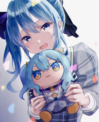 Rule 34 | 1girl, blue eyes, blue hair, character doll, commentary request, doll, grey headwear, grey shirt, hair between eyes, highres, holding, holding doll, hololive, hoshimachi suisei, hoshimachi suisei (1st costume), kyoukichi, long hair, looking at viewer, open mouth, plaid, plaid headwear, plaid shirt, shirt, side ponytail, sleeves past elbows, solo, star (symbol), star in eye, symbol in eye, virtual youtuber