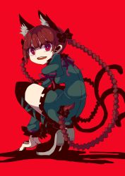 Rule 34 | 1girl, animal ears, bow, braid, cat ears, cat girl, cat tail, female focus, hair bow, highres, kaenbyou rin, long hair, looking back, multiple tails, ngayope, open mouth, red eyes, red hair, footwear ribbon, smile, solo, squatting, tail, thighhighs, touhou, twin braids