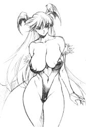 Rule 34 | 1girl, areola slip, bare shoulders, bat wings, breasts, bridal gauntlets, capcom, cleavage, clothing cutout, contrapposto, covered erect nipples, covered navel, curvy, demon girl, fingernails, fur trim, greyscale, head wings, heart, heart cutout, highleg, highleg leotard, highres, huge breasts, inoue takuya, large breasts, leotard, long fingernails, long hair, looking afar, monochrome, morrigan aensland, navel cutout, nipple slip, nipples, no bra, pantyhose, parted lips, revealing clothes, sagging breasts, simple background, sketch, solo, standing, toned, vampire (game), very long hair, wide hips, wings