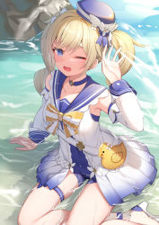 Rule 34 | 1girl, alexmaster, armpits, bag, barbara (genshin impact), barbara (summertime sparkle) (genshin impact), bare shoulders, beach, bird, blonde hair, blue eyes, blush, bow, bowtie, choker, drill hair, duck, duplicate, flower, genshin impact, hair flower, hair ornament, hand up, hat, long sleeves, looking at viewer, one-piece swimsuit, one eye closed, open mouth, partially submerged, pixel-perfect duplicate, sailor hat, solo, sunlight, swimsuit, twin drills, twintails, water, wet