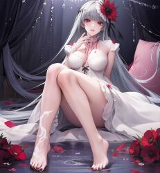 Rule 34 | 1girl, babydoll, barefoot, breasts, cleavage, coquelic (path to nowhere), dress, feet, flower, grey hair, hair flower, hair ornament, highres, long hair, medium breasts, non-web source, panties, path to nowhere, red eyes, solo, underwear, white dress, white panties