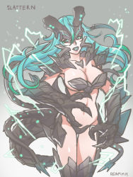 Rule 34 | 1girl, aqua hair, aura, bad id, bad pixiv id, breasts, claws, electricity, energy, kaijuu, large breasts, legendary pictures, long hair, monster girl, neon trim, pacific rim, personification, reammara, revealing clothes, slattern, solo