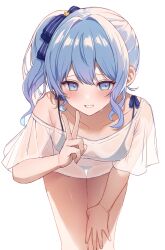 Rule 34 | 1girl, bikini, blue bikini, blue eyes, blue hair, blush, bow, breasts, collarbone, commentary, hair bow, highres, hololive, hoshimachi suisei, kohaku (csacu), leaning forward, looking at viewer, medium hair, see-through, side ponytail, simple background, small breasts, smile, solo, star (symbol), star in eye, swimsuit, symbol-only commentary, symbol in eye, thigh gap, v, virtual youtuber, white background