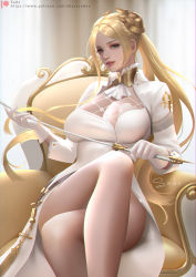 Rule 34 | blonde hair, blue eyes, breasts, chair, collar, crossed legs, gloves, indoors, large breasts, long hair, nier (series), nier:automata, parted lips, sade abyss, signature, sitting, skindentation, thighhighs, unworn thighhighs, weapon, commander (nier:automata), zettai ryouiki