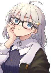 Rule 34 | 1girl, ahoge, b.c, bespectacled, black-framed eyewear, black dress, black jacket, blue eyes, blush, breasts, closed mouth, dress, glasses, hair ornament, hand on own cheek, hand on own face, highres, jacket, kizuna akari, long hair, long sleeves, looking at viewer, medium breasts, open clothes, open jacket, silver hair, simple background, smile, solo, star (symbol), star hair ornament, vocaloid, voiceroid, white background