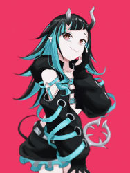 Rule 34 | 1girl, nanashi inc., absurdres, asymmetrical gloves, belt, belt bra, black gloves, black hair, black jacket, black skirt, blue belt, blue hair, chest belt, closed mouth, clothing cutout, commentary, cowboy shot, cropped jacket, cross-laced clothes, cross-laced sleeves, demon girl, demon horns, demon tail, flat chest, gin (tttetu123), gloves, hand on own cheek, hand on own face, highres, horns, jacket, layered skirt, long hair, long sleeves, looking at viewer, multicolored hair, open clothes, open jacket, partially fingerless gloves, pointy ears, red background, red eyes, shishio chris, shoulder cutout, simple background, skirt, smile, solo, sugar lyric, tail, two-tone hair, virtual youtuber, zipper, zipper skirt