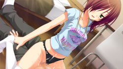 Rule 34 | 1boy, 1girl, arm support, bed, black panties, blood, blush, breasts, censored, chair, chitose haruki, clothes writing, clothing aside, collarbone, cowgirl position, cum, cum in pussy, cum on body, cum on clothes, cum on lower body, defloration, desk, dutch angle, fingernails, game cg, girl on top, green eyes, hair over one eye, hetero, indoors, jewelry, karasuba yukari, kobuichi, legs, long hair, looking at viewer, mosaic censoring, muririn, necklace, no pants, open mouth, panties, panties aside, penis, red hair, sex, shirt, short sleeves, small breasts, solo focus, straddling, sweat, t-shirt, teacher and student, tenshinranman, thighhighs, thighs, underwear, vaginal, white thighhighs