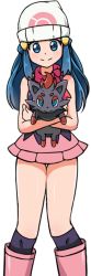 Rule 34 | 1girl, animal ears, bare legs, blue eyes, blue hair, blush, boots, creatures (company), dawn (pokemon), game freak, gen 5 pokemon, grabbing, grabbing from behind, hat, highres, looking at viewer, nintendo, pokemon, pokemon: zoroark: master of illusions, pokemon (anime), pokemon (creature), pokemon dppt (anime), scarf, shiny skin, simple background, skirt, smile, standing, sweat, yondu, zorua