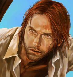 Rule 34 | 1boy, blue sky, brown eyes, facial hair, fykr, fykr00, lowres, male focus, one piece, open clothes, open shirt, photorealistic, realistic, red hair, scar, shanks (one piece), shirt, sky, solo, white shirt