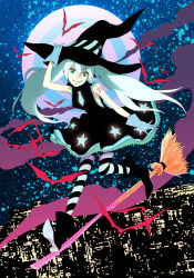 Rule 34 | 1girl, alternate costume, aqua eyes, aqua hair, bat (animal), boots, broom, broom surfing, cityscape, gloves, grin, hat, hatsune miku, pantyhose, rem (tsulala), smile, solo, space, striped clothes, striped pantyhose, too many, twintails, vocaloid, witch hat