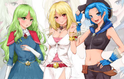 Rule 34 | 3girls, :d, bad id, bad pixiv id, belt, blonde hair, blue eyes, blue hair, blush, bracelet, breasts, bridal gauntlets, character request, cleavage, earrings, fingerless gloves, gloves, green eyes, green hair, hand on headwear, hand on own hip, hat, hip focus, jewelry, long hair, medium breasts, midriff, multiple girls, navel, necklace, open mouth, pouch, red eyes, saijou hirokazu, short hair, side slit, smile, zoom layer