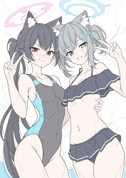 Rule 34 | 2girls, animal ear fluff, animal ears, bare arms, bare legs, bare shoulders, bikini, black bikini, black hair, black one-piece swimsuit, blue archive, blue eyes, blue halo, blush, breasts, cat ears, closed mouth, collarbone, competition swimsuit, cosplay, costume switch, extra ears, frilled bikini, frills, grey hair, grin, hair between eyes, halo, highres, long hair, looking at viewer, masabodo, mismatched pupils, multiple girls, official alternate costume, one-piece swimsuit, pink halo, red eyes, serika (blue archive), serika (swimsuit) (blue archive), shiroko (blue archive), shiroko (swimsuit) (blue archive), small breasts, smile, swimsuit, wolf ears