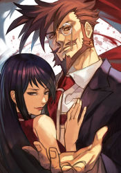 Rule 34 | 1boy, 1girl, beard, black hair, blood, blood splatter, breasts, brown hair, choker, couple, dress, facial hair, glasses, guilty gear, height difference, hetero, hungry clicker, husband and wife, long hair, looking at viewer, monocle, mustache, necktie, outstretched hand, red dress, red eyes, shaded face, sharon (guilty gear), sideburns, slayer (guilty gear), swept bangs, vampire