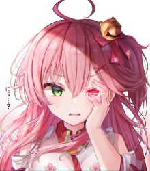 Rule 34 | 1girl, ahoge, bell, blush, commentary request, glowing, glowing eye, green eyes, hair bell, hair between eyes, hair ornament, hand on own cheek, hand on own face, hand up, heterochromia, highres, hololive, jingle bell, long hair, looking at viewer, pink eyes, pink hair, portrait, sakura miko, sakura miko (1st costume), shishou (doragyurosu), solo, sweatdrop, translation request, upper body, virtual youtuber, x hair ornament