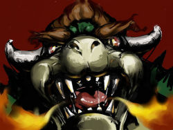Rule 34 | 1boy, bloodshot eyes, bowser, eyebrows, fangs, fire, fire breath, horns, lowres, mario (series), monster, nintendo, open mouth, red background, red hair, saliva, sharp teeth, slit pupils, super mario bros. 1, teeth, tongue
