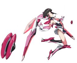 Rule 34 | 1girl, armpits, bare shoulders, black hair, blunt bangs, boots, breasts, closed mouth, commentary request, covered navel, flying, from side, gauntlets, headgear, ikezawa shin, knee boots, leotard, looking at viewer, pink eyes, pleated skirt, senki zesshou symphogear, short hair, simple background, skirt, small breasts, solo, thighhighs, tsukuyomi shirabe, weapon, white background