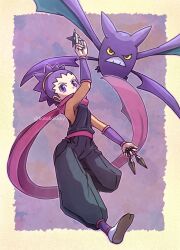 Rule 34 | 1girl, arm up, creatures (company), crobat, full body, game freak, gen 2 pokemon, highres, holding, holding shuriken, holding weapon, janine (pokemon), kotobukkii (yt lvlv), kunai, looking at viewer, ninja, nintendo, pink scarf, pokemon, pokemon (creature), pokemon hgss, purple eyes, purple hair, scarf, shuriken, twitter username, weapon