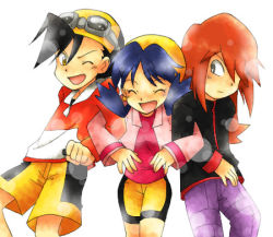 Rule 34 | 1girl, 2boys, :d, ^ ^, blue hair, blush, brown hair, closed eyes, creatures (company), ethan (pokemon), game freak, goggles, goggles on head, hat, kris (pokemon), locked arms, long sleeves, looking at viewer, lowres, multiple boys, nintendo, open mouth, pants, pokemon, pokemon adventures, shorts, silver (pokemon), simple background, smile, sweatdrop, white background