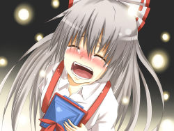 Rule 34 | 1girl, blush, bow, crying, closed eyes, female focus, flask (artist), flask (pandora), foreshortening, from above, fujiwara no mokou, grey hair, hair bow, hat, light particles, long hair, open mouth, solo, suspenders, tears, touhou