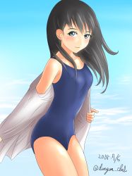 Rule 34 | 1girl, absurdres, asashio (kancolle), bad id, bad pixiv id, black hair, blue eyes, blue one-piece swimsuit, blue sky, blush, collarbone, dangan kurabu, dated, day, eyebrows, flat chest, highres, kantai collection, long hair, looking at viewer, ocean, one-piece swimsuit, shirt, sky, smile, solo, swimsuit, swimsuit under clothes, twitter username, undressing, water
