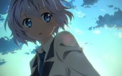 Rule 34 | 1girl, backlighting, blue eyes, blue necktie, blush, cloud, collared shirt, from below, highres, jacket, lens flare, looking away, looking to the side, necktie, open mouth, original, outdoors, school uniform, shirt, short hair, sky, solo, upper body, wavy hair, white hair, white jacket, white shirt, yuuki tatsuya