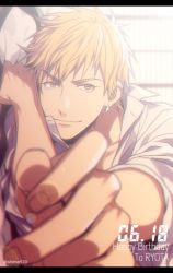 Rule 34 | 1boy, backlighting, blonde hair, blurry, character name, closed mouth, collarbone, collared shirt, commentary request, dated, depth of field, earrings, english text, fingernails, hand up, happy birthday, jewelry, kise ryouta, kuroko no basuke, lens flare, letterboxed, looking at viewer, male focus, mashima shima, outstretched hand, reaching, reaching towards viewer, shirt, short hair, smile, solo, twitter username, upper body, white shirt, yellow eyes
