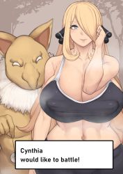 Rule 34 | alternate breast size, alternate costume, bad id, bad pixiv id, blonde hair, breasts, coin, creatures (company), cynthia (pokemon), english text, game freak, gen 1 pokemon, highres, holed coin, huge breasts, hypno, long hair, metal owl (aden12), nintendo, pokemon, pokemon (creature), pokemon dppt, sports bra, very long hair, wide hips
