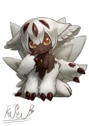 Rule 34 | 1girl, black skin, breasts, claws, colored skin, dated, extra arms, faputa, female focus, fur, highres, keureu, kneeling, made in abyss, monster girl, signature, simple background, small breasts, solo, white background, white hair, yellow eyes