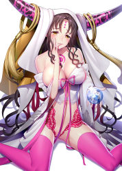 Rule 34 | 10s, 1girl, ass, bare shoulders, black hair, blush, breasts, cleavage, detached sleeves, dress, facial mark, fate/extra, fate/extra ccc, fate (series), finger to mouth, forehead mark, gluteal fold, horns, large breasts, lips, long hair, looking at viewer, navel, off-shoulder dress, off shoulder, parted bangs, purple thighhighs, revealing clothes, ririko (zhuoyandesailaer), sessyoin kiara, sitting, solo, thighhighs, thighs, veil, very long hair, wariza, yellow eyes