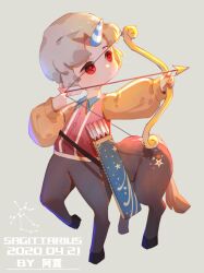 Rule 34 | 1boy, archery, arrow (projectile), artist name, bow (weapon), centaur, chibi, closed mouth, dated, drawing bow, full body, grey background, grey hair, highres, holding, holding bow (weapon), holding weapon, horns, long sleeves, looking to the side, multiple legs, original, puffy long sleeves, puffy sleeves, quiver, red eyes, red shirt, sagittarius (constellation), sagittarius (zodiac), shirt, short hair, single horn, solo, standing on three legs, taur, weapon, yellow sleeves, yi er san, zodiac