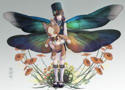 Rule 34 | 1boy, badge, brown hair, butterfly wings, fairy, flower, hat, hat over one eye, highres, insect wings, male focus, nokuran, original, pantyhose, shako cap, shorts, socks over pantyhose, solo, stuffed animal, stuffed toy, vest, white pantyhose, wings