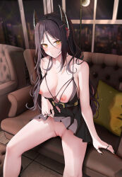Rule 34 | 1girl, arknights, bare arms, bare shoulders, black dress, black hair, black nails, blush, breasts, cleavage, cleft of venus, commentary, couch, dress, feet out of frame, hair between eyes, highres, horns, indoors, ines (arknights), large breasts, looking at viewer, nail polish, nipples, no panties, parted lips, pillow, pussy, ru zhai, sitting, solo, symbol-only commentary, thighs, window, yellow eyes