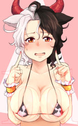 Rule 34 | 1girl, animal ears, animal print, bikini, black hair, blush, breasts, collarbone, cow ears, cow horns, cow print, dated, dra (area-s), fang, highres, horns, large breasts, mole, mole on breast, mole under mouth, multicolored hair, open mouth, red eyes, short hair, solo, split-color hair, swimsuit, touhou, two-tone hair, upper body, ushizaki urumi, white hair, wrist cuffs