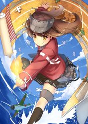Rule 34 | 10s, 1girl, aircraft, airplane, black skirt, blush, brown eyes, brown hair, cloud, cloudy sky, day, hat, kantai collection, koruta (nekoimo), leg up, long hair, looking at viewer, magatama, ocean, onmyouji, outdoors, outstretched arms, pleated skirt, ryuujou (kancolle), scroll, shikigami, skirt, sky, smile, solo, standing, standing on one leg, twintails, visor cap