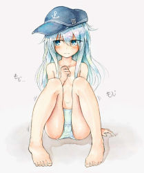 Rule 34 | 1girl, anchor symbol, barefoot, black hat, blue eyes, blush, breasts, collarbone, embarrassed, feet, female focus, full body, hand up, hat, have to pee, hibiki (kancolle), jpeg artifacts, kantai collection, long hair, looking away, looking to the side, navel, panties, shiny skin, silver hair, simple background, sitting, small breasts, solo, toes, topless, traditional media, translated, underwear, underwear only, watakarashi, white background, white panties