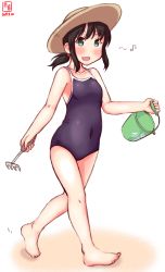 Rule 34 | 1girl, alternate costume, artist logo, barefoot, black hair, black one-piece swimsuit, bucket, commentary request, competition school swimsuit, dated, fubuki (kancolle), full body, green eyes, hat, highres, kanon (kurogane knights), kantai collection, long hair, looking at viewer, low ponytail, one-piece swimsuit, ponytail, rake, repair bucket, school swimsuit, short ponytail, sidelocks, simple background, smile, solo, straw hat, sun hat, swimsuit, white background