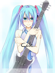 Rule 34 | 1girl, blue eyes, blue hair, blush, electric, electric guitar, framed, guitar, hatsune miku, highres, instrument, long hair, matching hair/eyes, necktie, rato, simple background, solo, twintails, very long hair, vocaloid