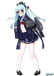 Rule 34 | 1girl, absurdres, allenes, alternate costume, anchor symbol, bag, black footwear, blue coat, blue hair, blue scarf, blue skirt, buttons, cannon, closed mouth, coat, copyright name, fubuki (warship girls r), full body, glasses, headgear, highres, legs apart, long hair, long sleeves, looking at viewer, machinery, official art, open clothes, open coat, pigeon-toed, plaid, plaid scarf, pleated skirt, pocket, red-framed eyewear, red eyes, scarf, school bag, school uniform, serafuku, shirt, shoes, skirt, smile, solo, standing, thighhighs, torpedo, turret, twintails, warship girls r, white background, white shirt, white thighhighs, zettai ryouiki