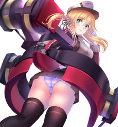 Rule 34 | 10s, 1girl, anchor hair ornament, ass, bad id, bad pixiv id, blonde hair, breasts, gloves, hair ornament, hat, kantai collection, long hair, medium breasts, military, military uniform, panties, pantyshot, peaked cap, pleated skirt, ponytail korosuke, prinz eugen (kancolle), skirt, solo, striped clothes, striped panties, thighhighs, trefoil, twintails, underwear, uniform