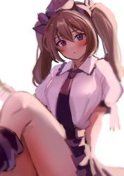 Rule 34 | 1girl, blush, brown hair, closed mouth, collared shirt, commentary request, feet out of frame, hat, highres, himekaidou hatate, kosaka sakasa, long hair, looking at viewer, necktie, one-hour drawing challenge, pleated skirt, puffy short sleeves, puffy sleeves, purple eyes, purple hat, purple necktie, purple skirt, shirt, short sleeves, simple background, sitting, skirt, solo, tokin hat, touhou, twintails, white background, white shirt
