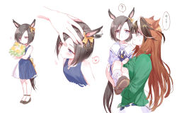 Rule 34 | 2girls, ?, age difference, age regression, air groove (umamusume), animal ears, bespectacled, black footwear, black hair, blue dress, blush, bouquet, bow, brown hair, carrying, child, dress, ear bow, flower, from side, glasses, green shirt, hand on another&#039;s head, headpat, heart, horse ears, horse girl, horse tail, multicolored hair, multiple girls, multiple views, oversized clothes, profile, purple eyes, romi (346 ura), school uniform, shirt, shoes, simple background, socks, spoken heart, spoken question mark, streaked hair, sweatdrop, symboli rudolf (umamusume), tail, tracen school uniform, umamusume, white background, yellow bow, aged down